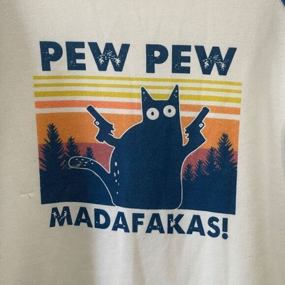 Black Cat Graphic Pew Pew Madafakas! Raglan Sweatshirt Blue & White XXL - Picture 3 of 8
